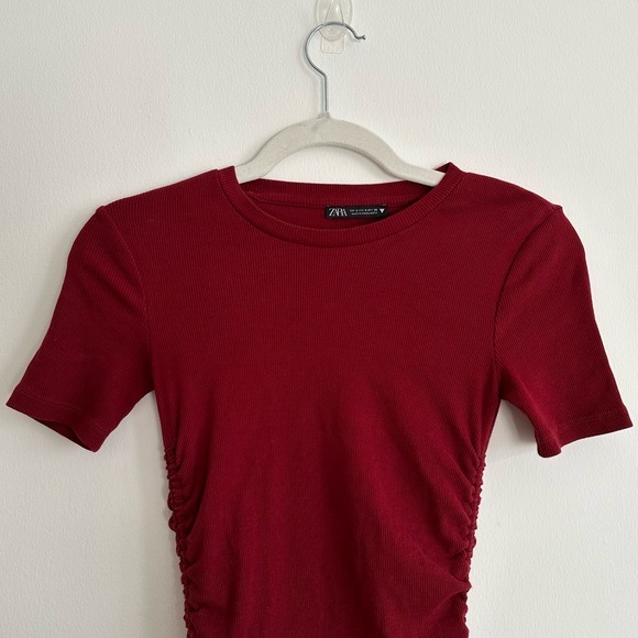 Zara - Ribbed Bodycon Stretchy Mini Dress with Ties | Maroon | Size Small - Picture 4 of 7